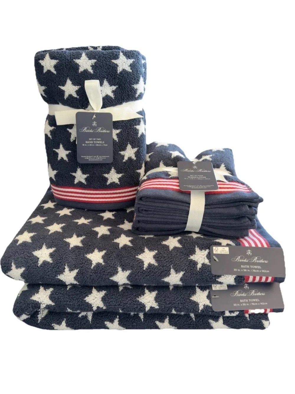 Brooks Brothers Red White Blue Stars Stripes Bath Hand Washcloth Towels 8pc New